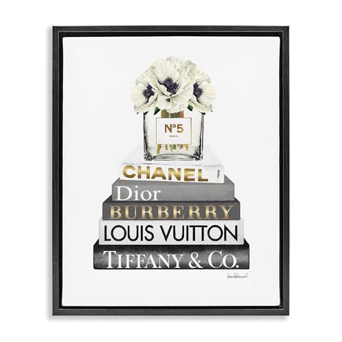 Image of 'White Poppies Grey Fashion Books'| Floating Frame Canvas Art | Stupell Industries | Black, 17 x 21 Inches, Easy to Hang and Sturdy, Made in USA, by Amanda Greenwood