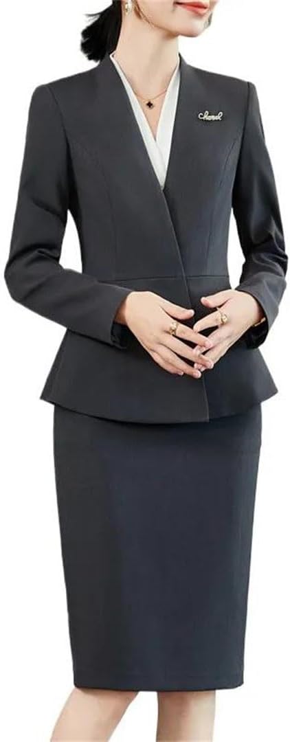 Women's Solid Color Slim Long Sleeve V-Neck Hidden Breasted Office Suit Jacket and Skirt Set