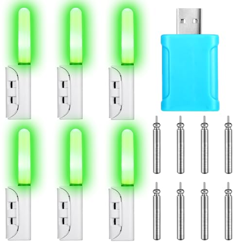 Glooglitter 6 Pcs Fishing Glow Sticks LED Fishing Pole Light Night Fish Alert Glow Stick with 8 Pcs Rechargeable CR425 Battery and Battery Charger(Green Light,Fashion Style)