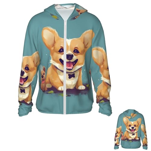 NONHAI Men's Sun Protection Jacket UPF 50+ Full Zipper Long Sleeve UV Hoodie Shirt Funny Animal Corgi Women's Outdoor Jacket Black