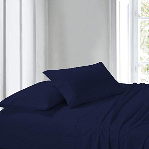NON Sticky cotton Premium Queen Waterbed Sheets, 4 Piece Egyptian Cotton Attached Sheet Set with 15" Deep Pocket, Soft Breathable Bedding for Waterbeds 72" x 96", Navy Blue Stripe