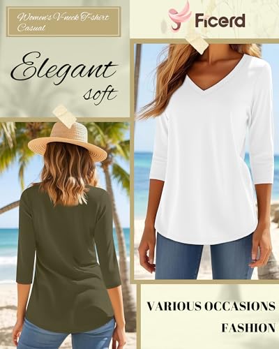 Ficerd 5 Pack Women's 3/4 Sleeve V Neck Tops Dressy Casual Fitted T Shirts Multipack Solid Basic Trendy Bulk Tees2