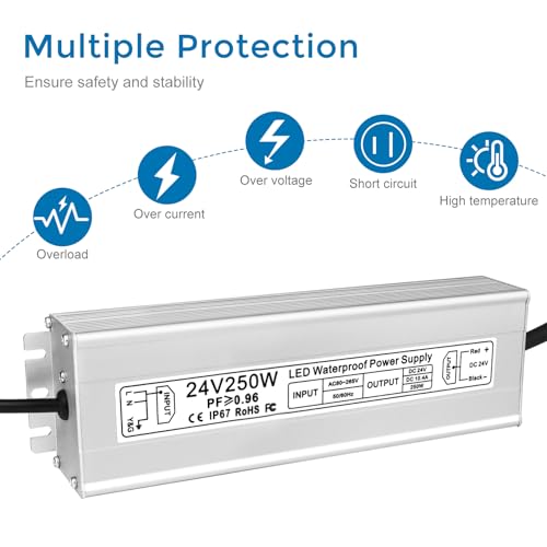 Image of LED Driver 250W 24V Power Supply, IP67 Waterproof Low Voltage Transformer, AC 80-265V to DC 24V 10.4A Converter with 3-Prong Plug 3.3 Feet Cable for Outdoor LED Lights, Industrial, Computer