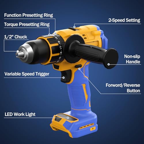 Cordless Hammer Drill Compatible with Dewalt 20V Max Battery (Tool Only) -Brushless Motor, 1/2\" Keyless Metal Chuck & LED Light for Drilling Brick, Metal, Wood - Ideal for DIY
