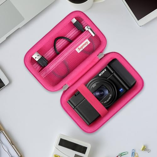 Image of Carrying Case for Sony RX100 VII / RX100 VI / RX100 V / RX100 IV / RX100 III Premium Compact Camera, Storage Holder Travel Bag with Zipper Mesh Pocket for Charging Cable, USB Card, Rosered