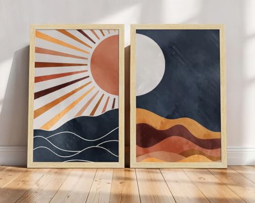 Image of ArtX Paper Boho Art Paintings with Frame for Home Decor, Abstract Wall Painting for Living Room, Multicolor, Natural Wood Color Frames, 12.0 x 18.0 inch, Set of 2