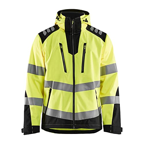 Blaklader Men's Watertight High Visibility Reflective Hi-Vis Softshell Safety Jacket with Removable Hood, Yellow/Black Hivis, L