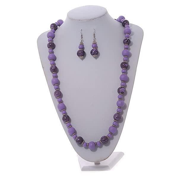 Collar largo de 80 cm y pendientes morados de madera con estampado animal para mujer 3