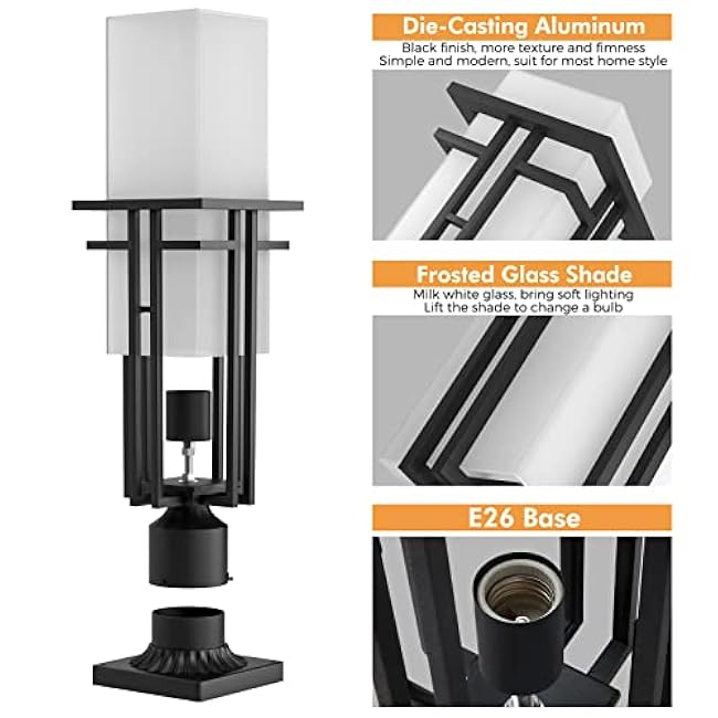 Outdoor Post Light Fixture - Aluminum Lamp Posts Outdoor Lighting, Outdoor Lightpost Lantern with 3-Inch Pier Mount Base Outside Pole Lighting for Porch Garnden (17.3''H, 1 pc)