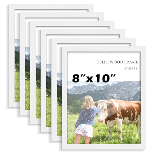 QPQIYIY 8x10 Picture Frame Set of 6 100% Solid Wood Photo Frames with HD Shatter-Resistant Plexiglass Wall Hanging & Tabletop Display White