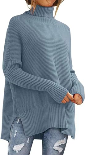 TANMESSO Maglione da donna oversize a collo alto a costine in maglia a maniche a pipistrello per l'autunno, Blu mare, XL