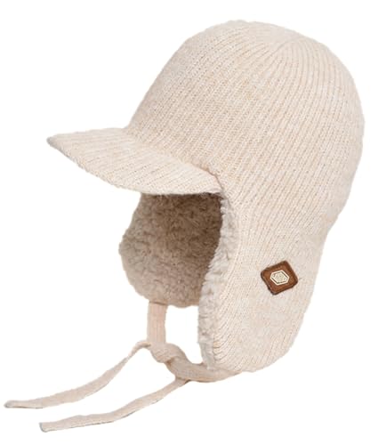 Women's Knitted Beanie Hat Fleece Lining Russian Ushanka Hat Soft Skull Visor Cap Winter Warm Trapper Cap with Earflap Beige