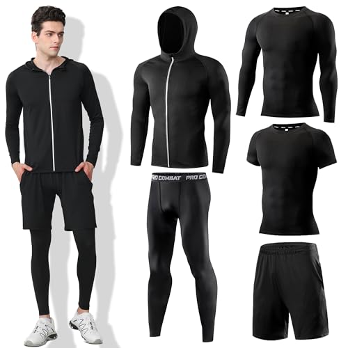 Mens 5Pcs Quick Dry Compression Sets Tops Accessories Clothes Equipment for Workout Gym Athletic Running Sport