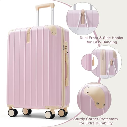 Image of Hardshell Luggage Sets, Lightweight Stripes Suitcases with Spinner Wheels, Pink