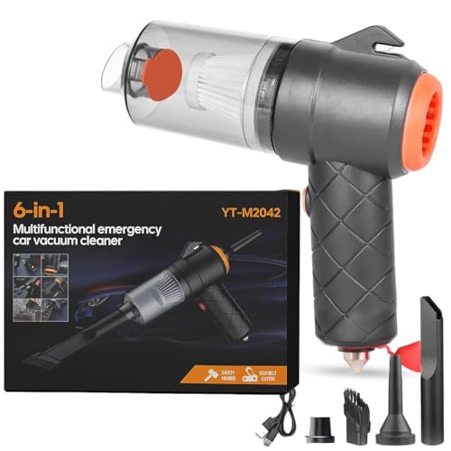 6-in-1 Cordless Vacuum Cleaner for Car & Home | Powerful Handheld VacuumCleaner with Blower, Inflator, Seat-Belt Cutter & Window Hammer | Portable Vacuum Cleaner for Car Use