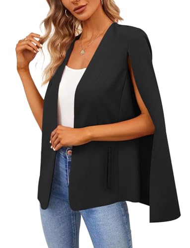 Women's Cape Blazer Split Long Sleeve Open Front Blazer Jacket Business Casual Suit Tops Cardigan Coats Black