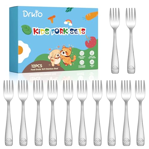 DRKIO Stainless Steel Toddler Forks Set - 12 Pieces Kids Forks Set Children Safe Food Grade Kids Silverware Small Forks Metal Toddler Utensils Dishwasher Safe Mirror Polished
