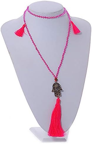 Avalaya Crystal Bead Necklace with Bronze Tone Hamsa Hand Charm/Silk Tassel Pendant in Deep Pink / 80cm L/ 14cm Tassel - Image 3