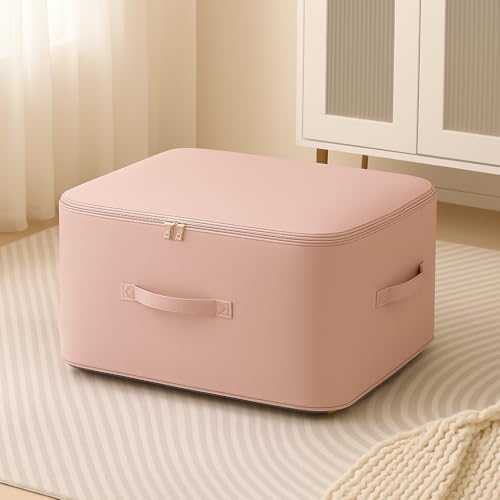 Image of Dustproof & Moisture-proof Storage Bag with Zippered Closure & Handle, Ultra Space Saving Self Compression Organizer, Comforter & Folding Bag for Storing Saree, Clothes (Pink, Pack - 1)
