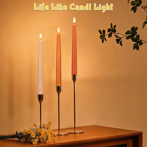 Image of Flameless Taper Candles with Remote, 9.6 inch Battery Operated Flickering LED Candlesticks, Real Wax Warm Earth Tone Taper Candles for Wedding Centerpieces, Dinner Table, Mantel, Window, 3 Pack