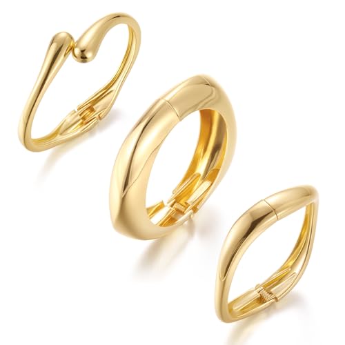 Lyithary 3PCS Chunky Gold Bracelets for Women Trendy Wide Wrist Cuff Bracelets Stack Waterdrop Bangle Fashion Jewelry Gift