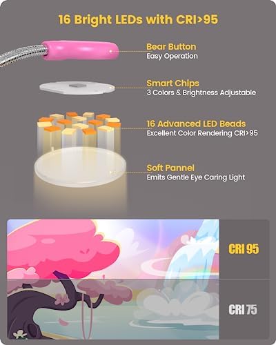 Glocusent 16 LED Lampka do książek dla dzieci, lampka do czytania dla dzieci z wysokim CRI 95+, 3 kolory x 3 jasności, ładowalna i długotrwała, zatwierdzona przez CPC