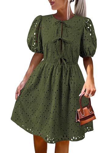 Image of KIRUNDO Eyelet Summer Dresses for Women 2025 Short Sleeve Tie Front Babydoll A Line Wedding Guest Beach Vacation Sundress