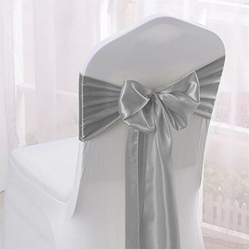 MASTER TRADE Decoration Party Chairs Sashes Cover 10 pcs Satin Silver Chair Bows Sashes Tie Back for Wedding Banquet Reception,5 Colors Available