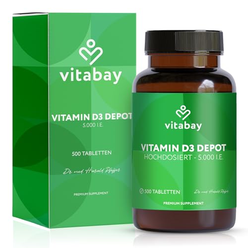 Vitabay Vitamin D3 Depot Hochdosiert 5000 IE - 500 Vegane & Laborgeprüfte Vitamin D Tabletten ohne Zusätze - Trägt zur Unterstützung des Immunsystems und zur Erhaltung normaler Knochen bei