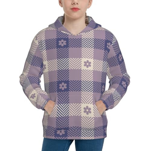Purple Floral Gingham Check Plaid Kid Hoodies Boys Sweatshirts Girls Pullover with Pocket