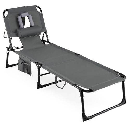 GYMAX Tanning Chair, Folding Beach Lounger with Face Arm Hole, Adjustable Backrest, Side Pocket, Pillow & Carry Handle, Outside Sunbathing Lounge Chair for Patio, Poolside, Lawn (1, Gray)