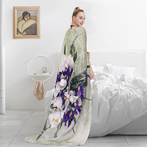 Bed Throw Blanket Purple-White-Iris-Flowers Lightweight Super Soft Luxury Sofa Blanket Microfiber 80X60 Inch #TOP4