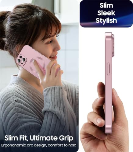Image of DIZORO Magnetic Case for iPhone 14 Plus Cover [Compatible with MagSafe][Built-in Camera Lens Protector] Slim Soft Silicone Bumper Shockproof Metallic Luster Back Cover Phone Cases (Pink)