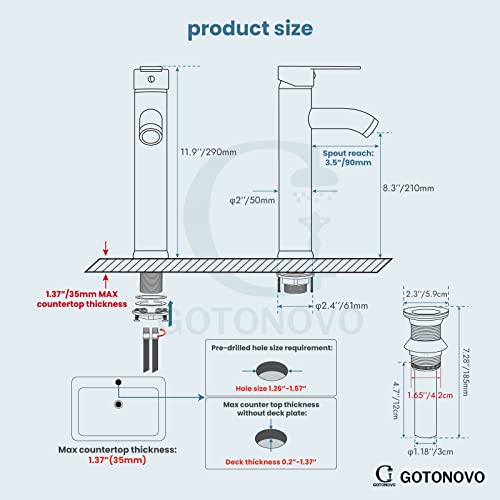 Gotonovo Bathroom Vessel Bowl Sink Faucet Matte Black Single Handle Lavatory Vanity Mixer Bar Tap With Pop Up Drain Combo Tall Spout Single Hole Deck Mount thumb #2