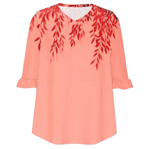 3/4 Length Sleeve Tshirts for Ladies Summer Fall V Neck Floral Graphic Loose Fit Peplum Tops Shirt Women 2025 Y2K4