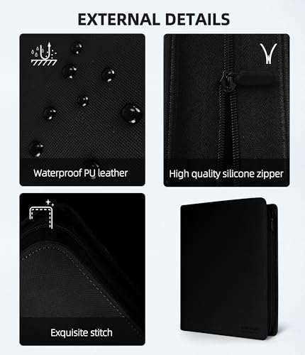 Image of Premium 20 Pocket Card Binder, Holds 1280 Cards for MTG TCG Sports Game Cards(Black,20 Pocket) | XL side-loading binder with zipper. No-ring design holds 1280 cards in clear pockets.