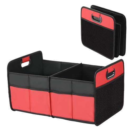 YSSOA 2 Compartments Car Trunk Organizer, 600D Waterproof Oxford Polyester Car Storage, Anti-slip 14' D x 22' W x 12' H Collapsible Trunk Storage, Suitable for SUV, Minivan, Truck, Red