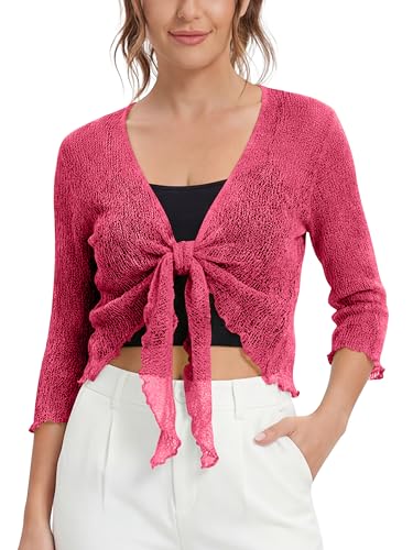 Love My Fashions® Women’s Fish Net Knitted Tie Up Bolero Shrug Top Ladies 3/4 Sleeve One Size Fits All Rose Pink