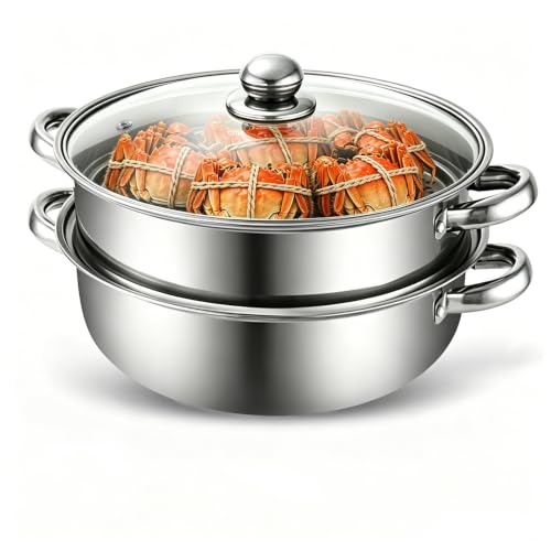 MeYuxg Cuiseur Vapeur Acier Inoxydable 28cm,avec Insert Vapeur et Couvercle en Verre,3/4 Couches à Induction,pour Cuire des Légumes, Des Fruits de Mer, Des Soupes (Deuxième étage)