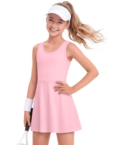 Mumucove Girls Tennis Sleeveless Dress Racerback Quick Dry Golf Tank Dresses Kids Athletic Workout Outfit with Shorts Pockets(Pink 9-10 Years)