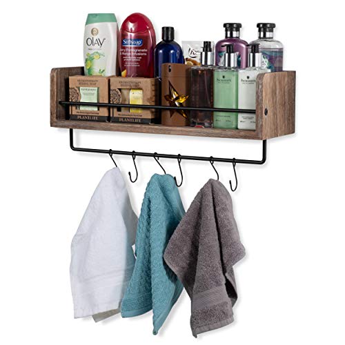 Rustic State William Wall Mount Floating Shelf with Rail and Hooks | Farmhouse Design 20 Inch Torched Distressed Wood Vintage (Distressed Walnut)