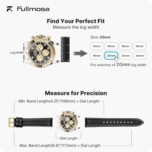 Image of Fullmosa 20mm Quick Release Leather Watch Band for Garmin Samsung Galaxy | Strap for Garmin Vivoactive 6 /5,Venu Sq 2 /Sq,Galaxy Watch 7 /6 /5 40mm 44mm Women Men, Black&Golden Buckle