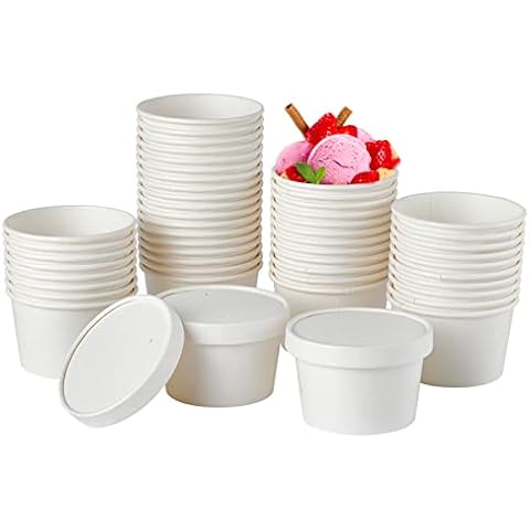 50pack 8oz Paper Soup Containers with Lids,Disposable Paper Food Cups, White Ice Cream Bowls, Paper food Storage with Vented Lids, for Restaurants, To-Go Lunch Cover