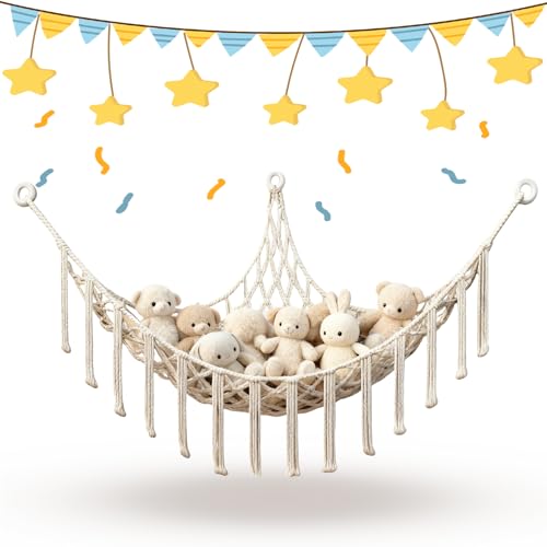 Wanheart Teddy Hammocks Corner Toy Storage Net for Stuffed Animals Stuffed Animal Storage Net Cute Plush Nursery Hanging Organizer for Kids Bedroom and Playroom (Beige)