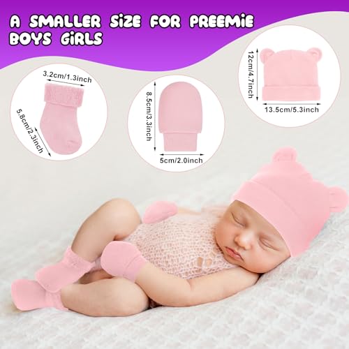 Cuffbow 4 Pcs Preemie Hats Mittens and Socks Set Preemie Mittens Warm Terry Socks for Baby3