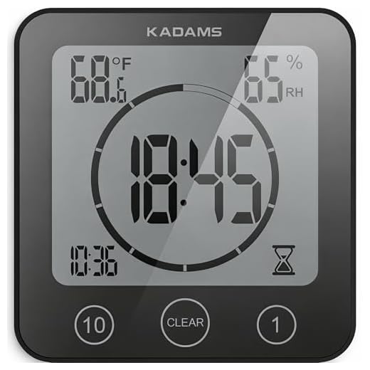 KADAMS Digital Bathroom Shower Kitchen Wall Clock Timer with Alarm, Waterproof for Water Spray, Touch Screen Timer, Temperature Humidity, Suction Cup Hanging Hole Stand - Black