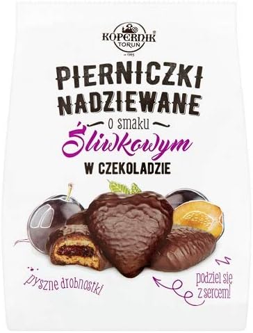Gingerbread Hearts filled with Plum Marmalade and coated in chocolate 150g Pierniczki Kopernik
