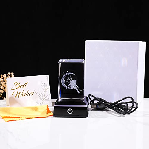 Ornalrist Crystal 3D Fairy With Moon Gifts For Girls, Laser Engrave Fairy Figurine Collectible Keepsake With Colorful Led Stand, Glass Fairy Gifts For Women Home Decor Paperweight #TOP4
