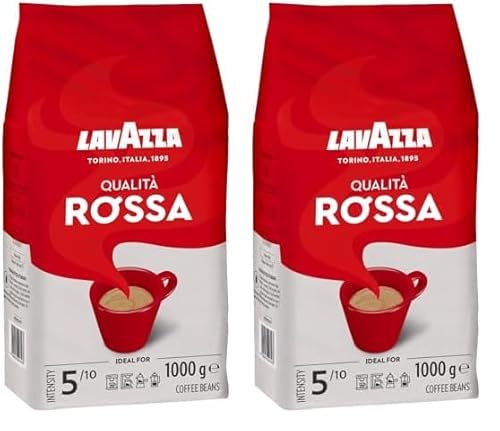 Lavazza, Qualità Rossa, Coffee Beans, with Aromatic Notes of Chocolate and Dried Fruit, Arabica and Robusta, Intensity 5/10, Medium Roasting, 1 Kg (Pack of 2)