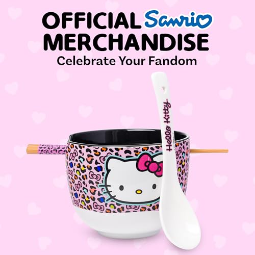 Image of Silver Buffalo Sanrio Hello Kitty Leopard, Ramen Bowl with Chopsticks, 20oz | Pink Print, Ceramic, Noodle Rice, Includes Spoon, Microwave Safe, 0.59 Liters